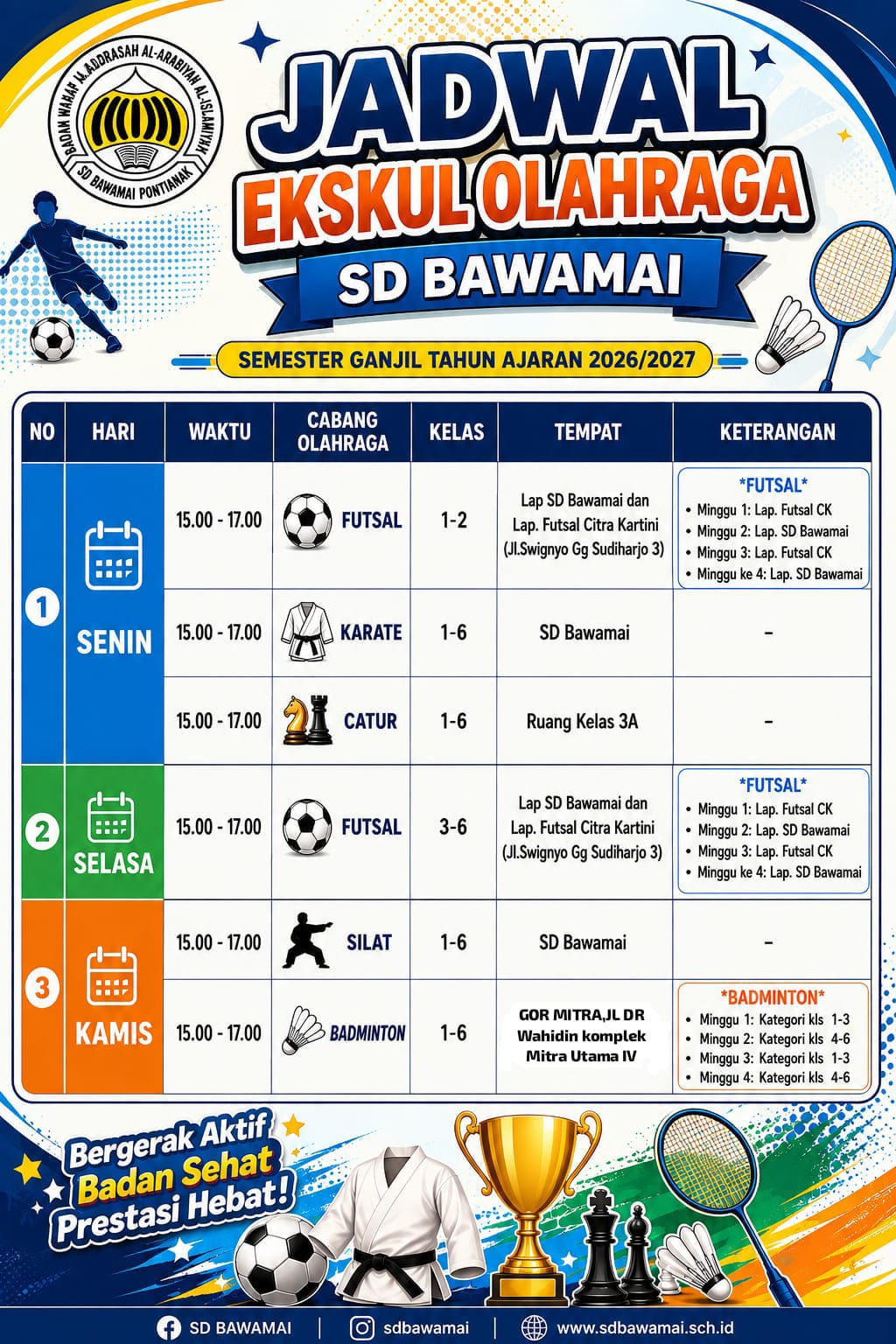 Jadwal Kegiatan Ekstrakurikuler Olahraga SD Bawamai Semester Ganjil Tahun Ajaran 2026 / 2027